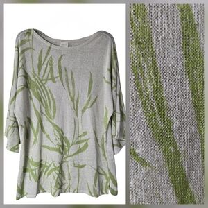 Chico’s Leaf Print Knit Top Gray Green Boat Neck 3/4 Sleeve Linen Blend Size XL
